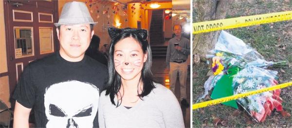 左图:46岁华裔刘传凯(Chuan-Kai Liu,音译)与妻子Dorothy Liu。右图:小镇居民在刘家黄色禁戒线前放上鲜花表示悼念。