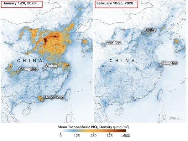 NASA拍出2个月来的中国空污对比图。(图片来源:NASA)