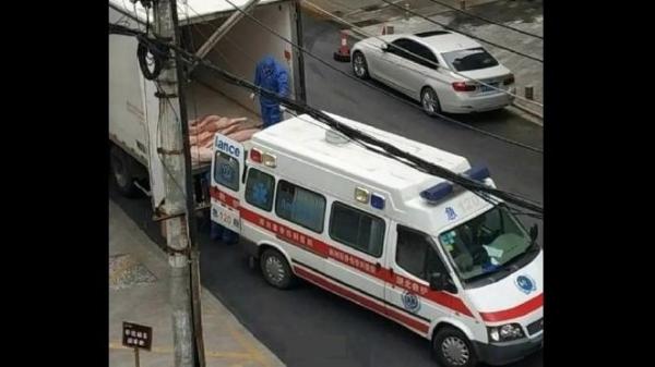 3月12日,网上流传出一张照片,照片中出现一辆武汉救护车在运送猪肉。(图片来源:视频截图)