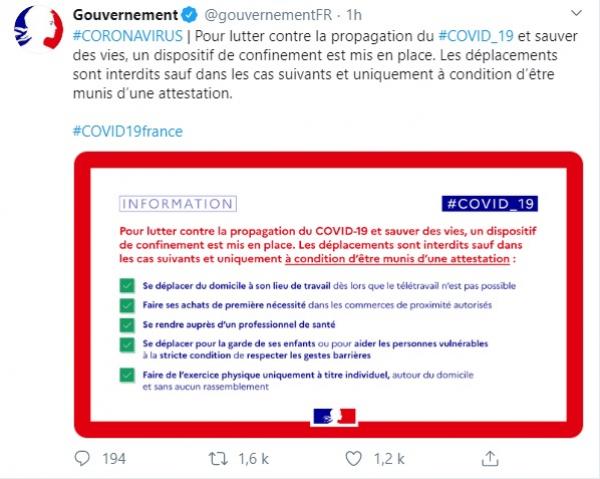 法国政府推特发布抗疫举措截图