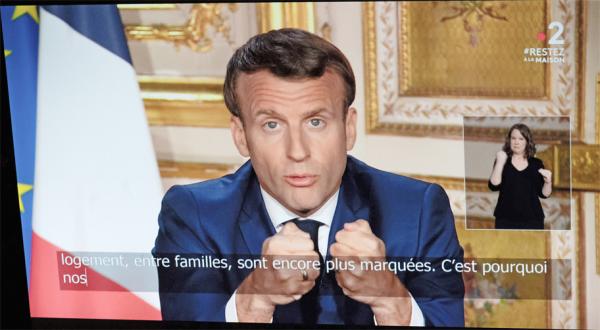 4月13日,法国总统马克龙(Emmanuel Macron)发表了电视讲话。(AFP/Getty Images)
