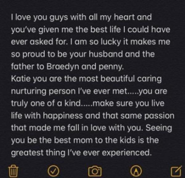 丈夫Jonathan在手机中写给妻子Katie Coelho的告别信。