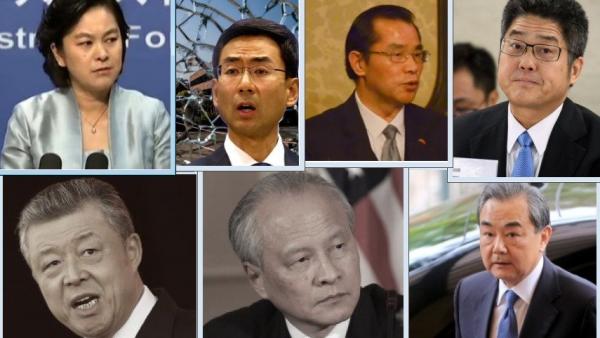 中共外交战狼群像,上左起:华春莹、耿爽、桂从友、乐玉成;下左起刘晓明、崔天凯、王毅。(图片来源: 合成图 视频截图 Getty Images 网络图片)