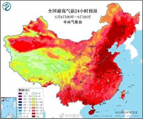 中国北方持续高温（图片来源：中国天气微博）