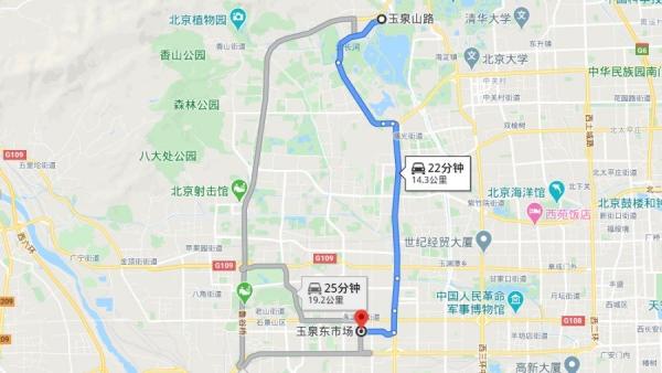 地图显示玉泉东市场与玉泉山开车约20分钟(图片来源:google map截图)