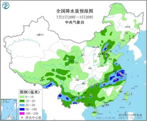 中央气象台7月2日清晨6时继续发布暴雨蓝色预警。（图片来源：中央气象台）