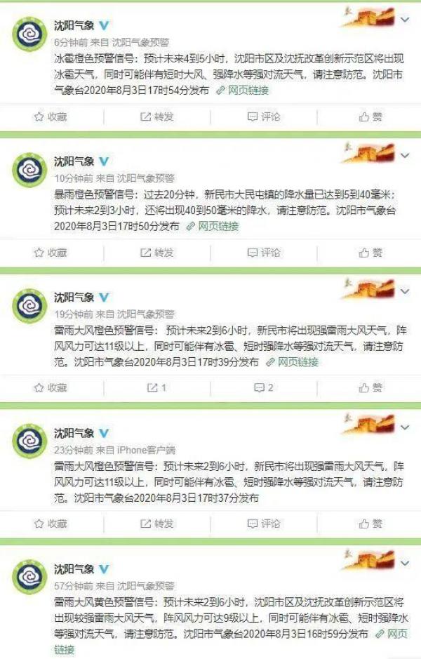 气象局从3日晚间持续发布“暴雨橙色预警”、“雷电大风橙色预警”、“冰雹橙色预警”,当晚新民市不仅有强雷雨天气,大风风力高达11级以上,同时伴有冰雹、强降雨。(图片来源:网络图片)