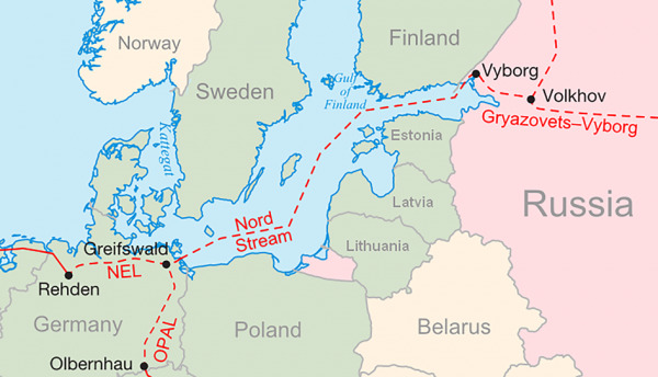 北溪天然气管道(Nord Stream)通过的路线图,1号、2号管道是两条平行的管道。(Samuel Bailey/维基百科)