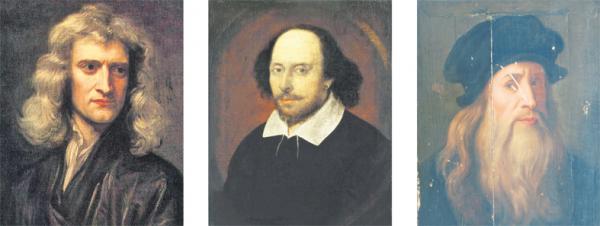左图：牛顿（Ralph Hammann/Wikimedia Commons/CC BY-SA 4.0）；中图：莎士比亚（Ralph Hammann/Wikimedia Commons/CC BY-SA 4.0）；右图：达芬奇（Ralph Hammann/Wikimedia Commons/CC BY-SA 4.0）。