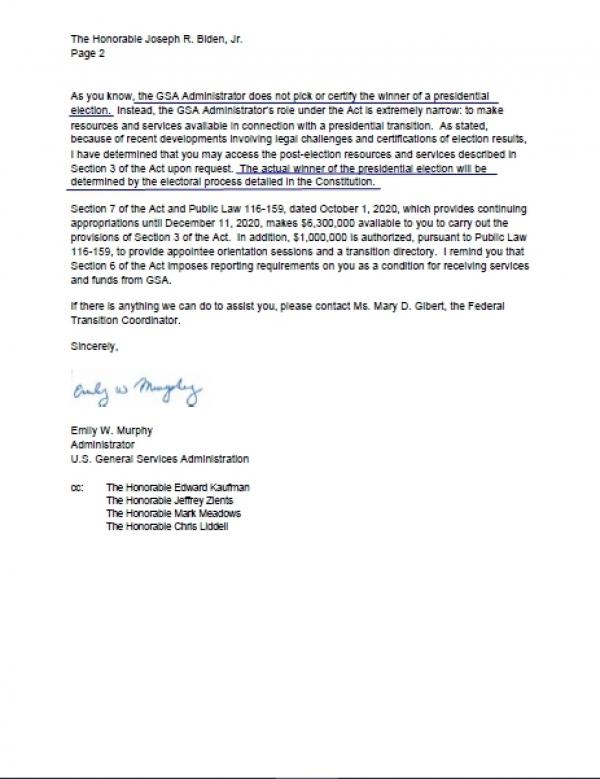 美国联邦总务署（GSA）署长墨菲（Emily Murphy）11月23日给民主党人乔·拜登的信，第二页，明确表示大选的真正赢家将由宪法程序决定。（图片来源：总务署PDF文件）