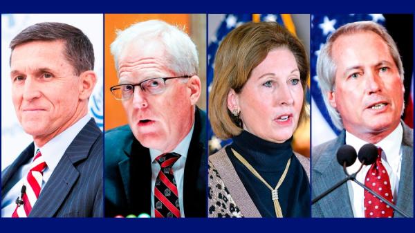 弗林将军“勤王”，米勒收权，鲍威尔、林伍德展开史诗级诉讼。（图片来源：弗林：CHRIS KLEPONIS/AFP VIA GETTY IMAGES；米勒：JOSHUA ROBERTS/POOL/AFP VIA GETTY IMAGES；鲍威尔：MANDEL NGAN/AFP VIA GETTY IMAGES；伍德：GAGE SKIDMORE/WIKI/CC BY-SA；）