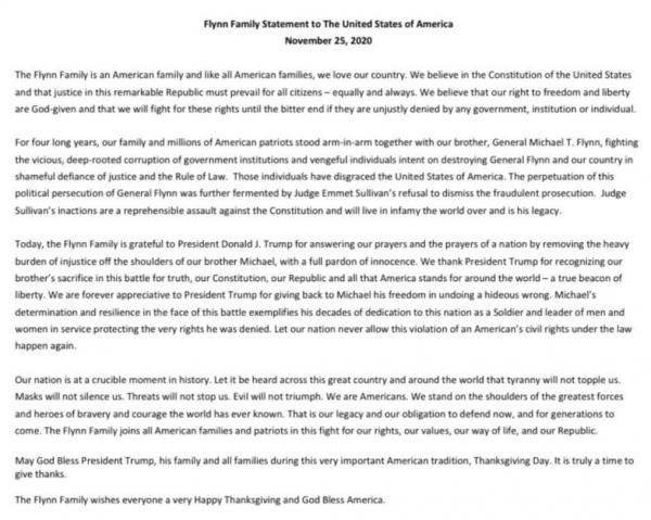 弗林家族对美利坚合众国的声明