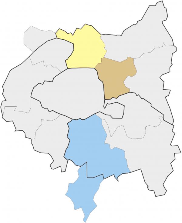 大巴黎都会中的共有平原公共土地集体(黄)、东部公共土地集体(褐)和大奥利塞纳比耶夫公共土地集体(蓝)。(Superbenjamin/Wikipedia/CC BY-SA 4.0/此图在原图基础上进行过更改处理)