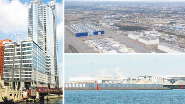 左图：位于芝加哥的波音国际总部（Crocker/Wikipedia） 右上图：空中客车位于法国图卢兹的拉加代尔生产工厂（Duch/Wikipedia/CC BY-SA 4.0）  右下图：空中客车位于德国汉堡的制造厂（Staro1/Wikipedia/CC BY-SA 3.0） 