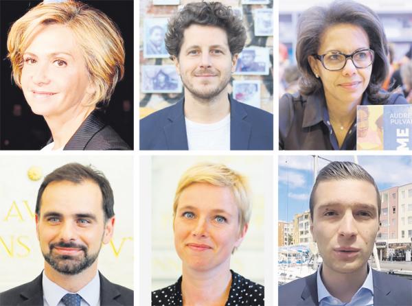 现任大区议会主席佩克莱斯(Valérie Pécresse)、绿党(EELV)的巴渝(Julien Bayou)、社会党(PS)普勒瓦尔(Audrey Pulvar)、共和国前进党(LRM)的圣马丁(Laurent Saint-Martin)、不屈法国党(FI)的奥汀(Clémentine Autain)以及国民联盟(RN)的巴尔德拉(Jordan Bardella)(从左至右,从上至下)(Wikipedia)