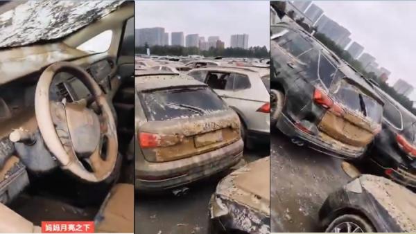网传郑州京广路隧道成百上千被淹车辆曝光，车内人员却不知所踪（图片来源：视频截图）