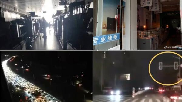 辽宁省沈阳市街头漆黑一片;商家选择点蜡烛营业。(图片来源:微博合成图片)