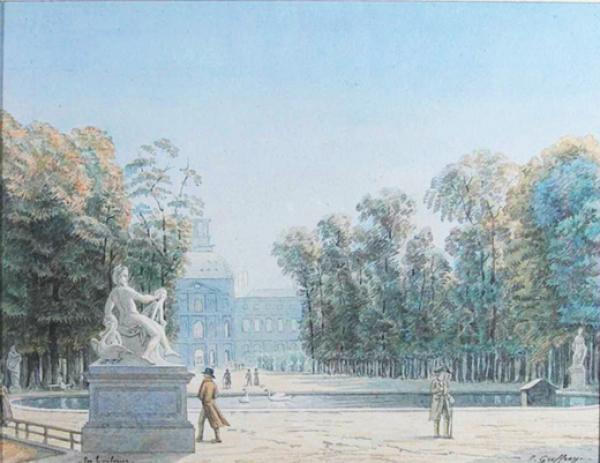 这幅题为《居勒里》的素描是19世纪法国画家居夫罗伊的作品,画家用铅笔和淡水彩在大小为19.5 x 25厘米的纸面上,以轻盈的笔触描绘出了法国历史上著名的居勒里宫花园内优雅的景致。居勒里宫在法国王后卡特琳•梅迪奇的倡导下建于1564年,由于紧邻卢浮宫,居勒里宫在日后的历史中成为数代法国国王的寝宫,并且随着法国国力的强盛逐渐收藏了大量人类历史上的艺术珍品,曾经是法国史上各类宫殿中的骄傲。然而1871年5月,共产主义始祖巴黎公社面临失败时,在居勒里宫和邻近的卢浮宫内点火,决定以“革命的恐怖”烧毁所有这些人类历史上最完美的艺术瑰宝,(当时巴黎公社决定烧毁的还有巴黎市政厅、王宫(Palais Royal)等满载艺术珍品的标志性建筑)因此居勒里宫被完全焚毁,卢浮宫的花廊和马尔赞长廊被焚毁,但主体建筑和大量艺术品幸免遇难。