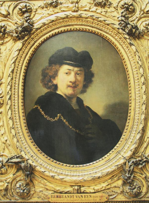 这是荷兰画家伦勃朗•凡•雷因1633年的自画像，此时画家年青得志，家境富裕，其明亮开朗的用笔用色显示其当时的状态。（现藏于法国卢浮宫）