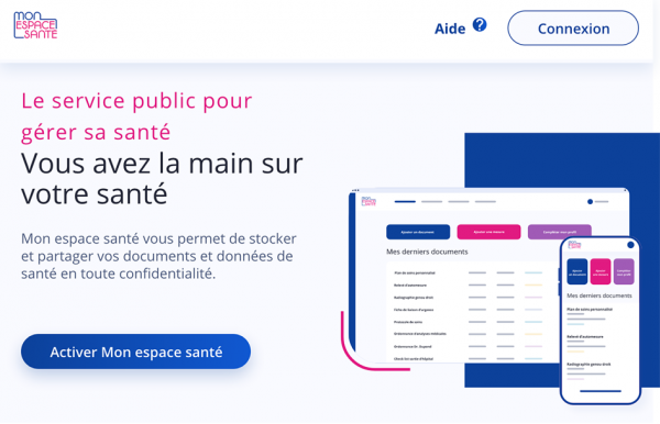 法国政府推出的“我的健康空间”官网——www.monespacesante.fr主页截图。