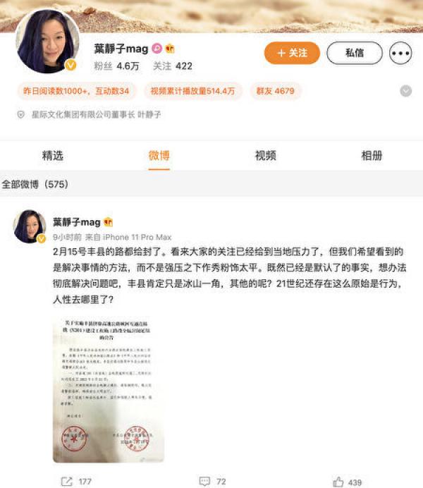 叶静子在微博上声援徐州丰县“锁链女”事件,引发网民关注。(图片来源:网页截图)