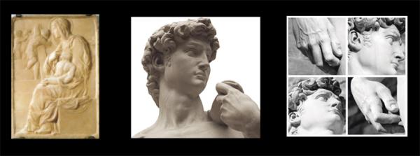 左图:《阶梯旁的圣母》(公有领域);中图:雕像《大卫》细节(123RF);右图:雕像《大卫》细节(123RF)