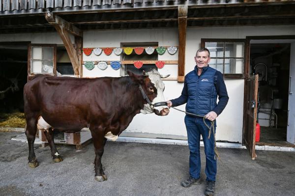 第58届国际农业展中的明星奶牛“雪花”和其养殖者米希利埃。(Photo by PHILIPPE DESMAZES/AFP via Getty Images)