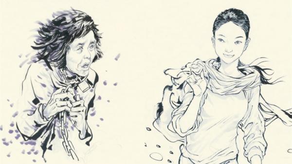 四川南充女孩李莹,12岁在上学途中遭拐卖,20多年来饱受奸污摧残,脖子上拴着铁链。(图片来源:中国动漫天王、好莱坞华裔漫画家郭竞雄所绘漫画,为解救铁链女发声)