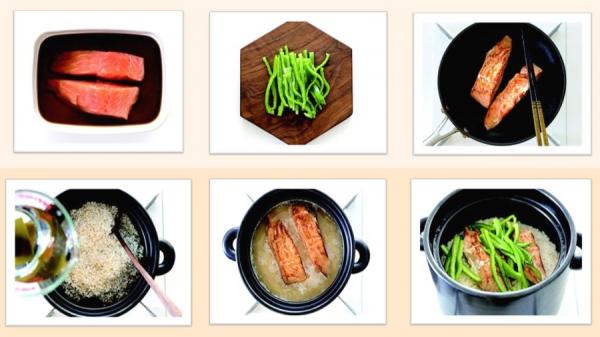 鲑鱼锅饭做法。（图片来源：台湾广厦提供）