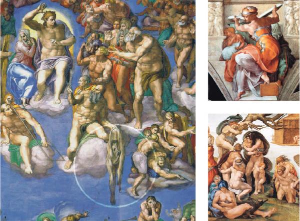 左图:《末日审判》(局部),圆圈部分为巴尔多禄茂手提人皮,人皮的面部是米开朗基罗的自画像。 右上小图:西斯廷教堂天顶画局部,利比亚女先知(The Libyan Sibyl)。 右下小图:西斯廷教堂天顶画局部,大洪水(The Flood)。