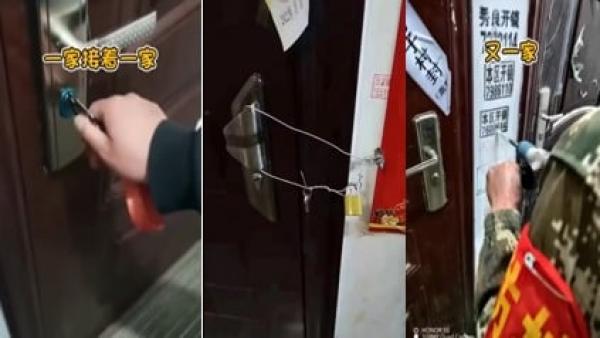 河北唐山迁安市出现疫情,当局“清零”防控硬隔离,要求每家每户交出钥匙,房门上锁、安报警器。(图片来源:视频截图)