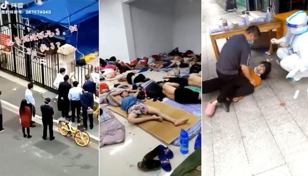 上海市黄浦区区委书记和区长陪同市政府官员到瞿溪路大同中学边上的小区视察，居民敲击锅碗瓢盆表达诉求（左图）。防疫隔离点内，无任何治疗设施，阳性感染者睡在地上（中图）。 一男子将拒绝接受核酸检测的女子按倒在地，强行做核酸（右图）。（图片来源：视频截图）