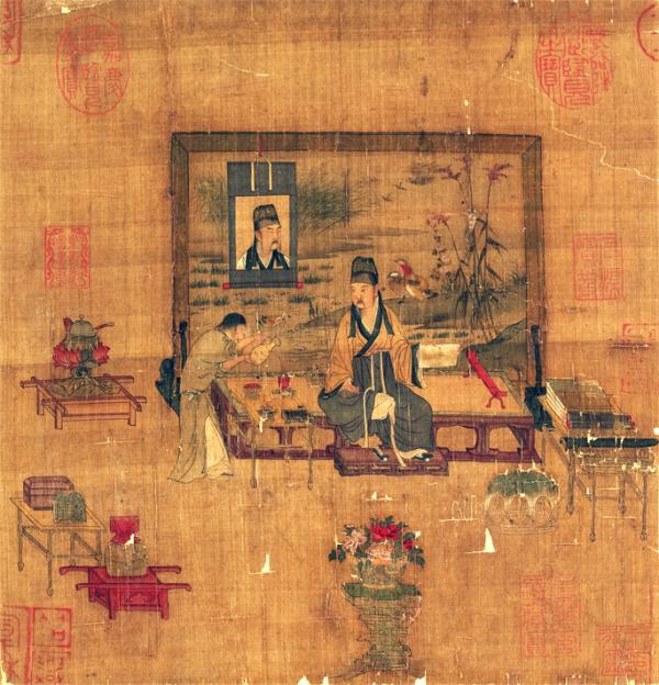 宋代《宋人人物册》展现宋人书房,被宋徽宗赵佶、宋高宗赵构、清高宗爱新觉罗•弘历等帝王收藏,著于《石渠宝笈》,现为国立故宫馆藏精品绘画。(公有领域)