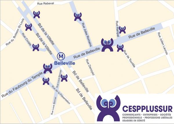 大图：6月3日，巴黎华人区美丽城所在的四个区——10、11、19和20区的警察局分别派出各警局MPCE部门的警员，与美丽城BTC巡逻队，及美丽城联合商会一起走访了街区80余家商铺，挨家挨户介绍了巴黎警方为商家提供的Cespplussur安全服务系统。图中的蓝色路线为当日警方走访的覆盖范围。（ 图/看中国） 小图：Cespplussur服务标志。该服务是巴黎警方为巴黎及近郊的商户、公司、自由职业者等推出的免费安全服务。注册该服务后，商家即可随时通过手机短信了解商铺所在地的治安情况，如最新作案手法、周边偷盗事件、游行、假钞，以及欺诈电话等安全信息。