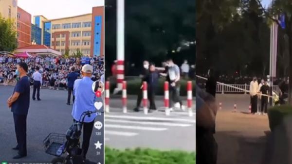 网传山东省烟台开发区要求辖区的老师退回已发工资5万至15万金额不等并降薪,引发众多老师罢课抗议,事后有老师被警察抓走。(图片来源:视频截图)