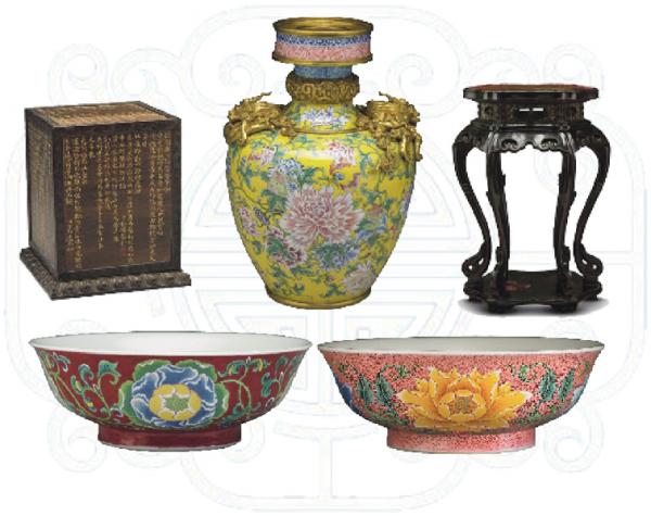 左上图:清康熙紫檀木盒;右上图:清黑漆嵌螺钿六足香几;中间图:清雍正铜胎画珐琅黄地牡丹纹瓶;左下图:清康熙珐琅彩红地牡丹浅碗;右下图:清康熙珐琅彩粉红地番莲碗。(台北故宫博物院藏)