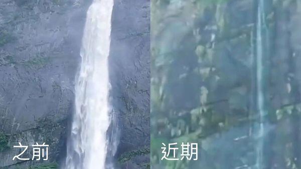 由于中国持续高温天气,江西庐山瀑布瘦身成“一根线”。(图片来源:网络截图)