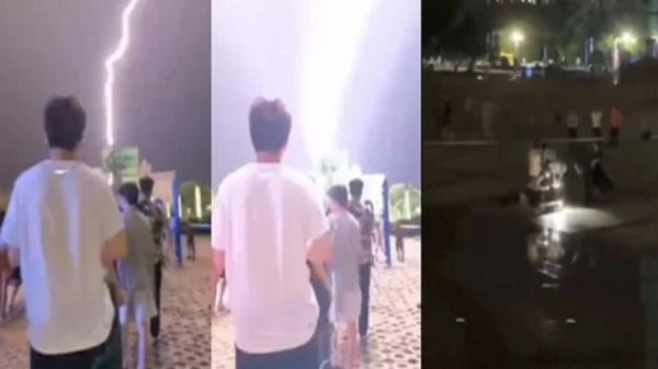 左图:这是视频的开始,一群人在排队。中图:然后突然一道雷击下来。右图:过了一会儿,医护人员开始来抬伤者了。