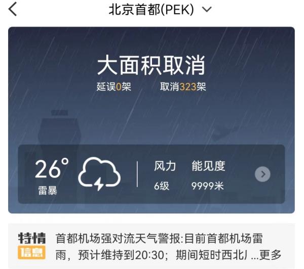 北京首都机场和大兴机场均大面积取消航班。(图片来源:网络截图)