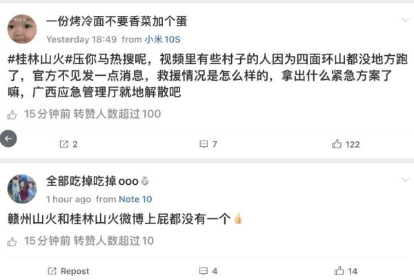 微博网友说:“大火已经烧了一天一夜了”“桂林这么大的山火,消息一压再压”。(图片来源:网路截图)