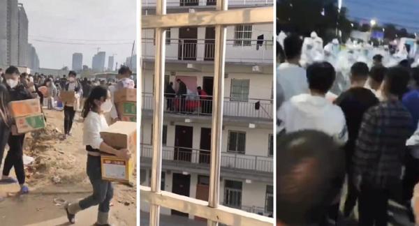 左图:富士康员工哄抢食物,场面混乱。中图:富士康某宿舍有员工死亡,被人抬走。右图:富士康员工被逼急了,与大白发生冲突。