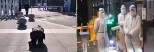 左图:乌鲁木齐儿童医院拒绝收治儿童病人,孩子奶奶跪着求医。右图:3名大白挡在医院门口。