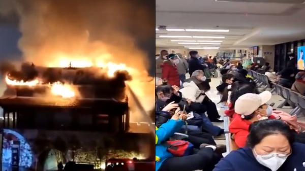 中国大年前后大火频发,上海医院发烧病人仍旧爆满。(图片来源:视频截图)