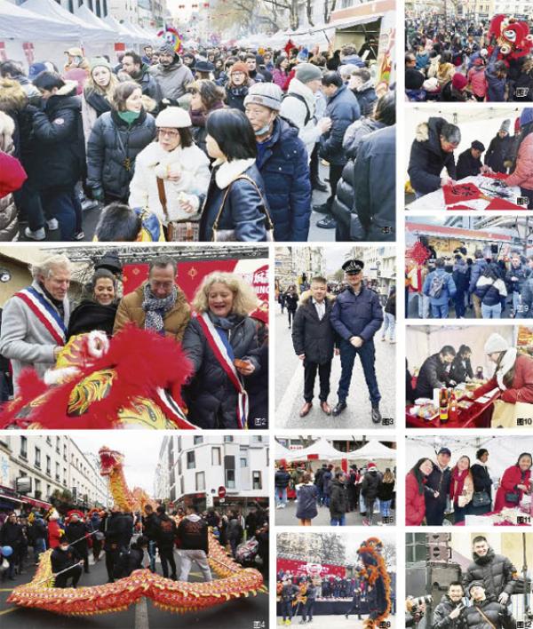 图1：美丽城中国新年美食节现场； 图2：（左起）20区区长普利耶斯、巴黎负责商业的副市长波尔斯基、19区区长达纽和10区区长高德芭在美食节开幕仪式上点睛；图3：巴黎第二警区总负责人赫贡警长（右）来到美食节视察治安情况时与美丽城联合商会会长叶文（左）合影；图4：当日的彩妆游行；图5-11：美食节现场人气爆棚；图12：部分负责美食节治安的年轻华二代 （摄影：林莲怡/看中国）