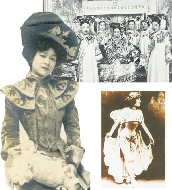 左图：慈禧太后御前女官裕容龄；右上图：裕容龄（右三）与慈禧太后合影；右下图：1902年，裕容龄表演舞蹈《玫瑰与蝴蝶》时扮演蝴蝶仙子的照片。（公有领域）