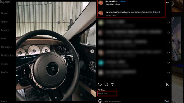 邝港杰还在IG上显示劳斯莱斯名车,图片地点标注为深圳。值得注意的是,车的方向盘在右边,估计该车来自香港。(图片来源:邝港杰IG)