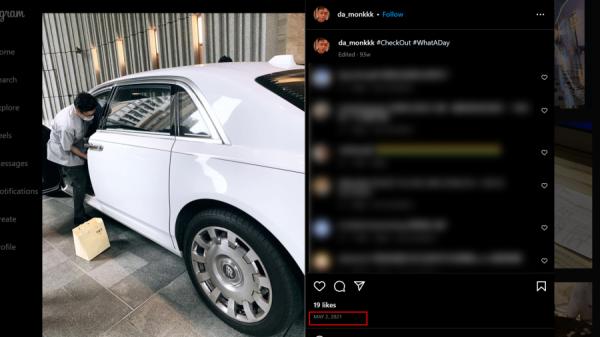 邝港杰还在IG上显示劳斯莱斯名车,图片地点标注为深圳。值得注意的是,车的方向盘在右边,估计该车来自香港。(图片来源:邝港杰IG)