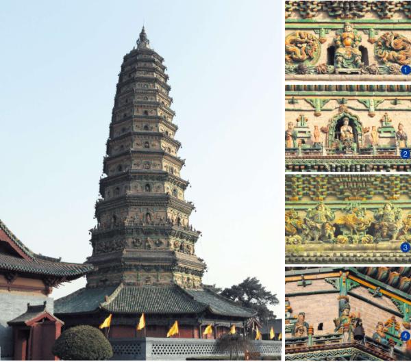 左大图:山西洪洞广胜寺飞虹塔(Artsxiang/Wikipedia/CC BY-SA 3.0) 右小图1、2:塔身三彩琉璃装饰(Artsxiang/Wikipedia/CC BY-SA 3.0); 右小图3、4:塔身三彩琉璃装饰(公有领域)