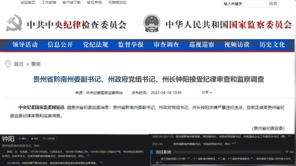 中纪委监察部网站及钟阳简介(图源:网络截图合成)