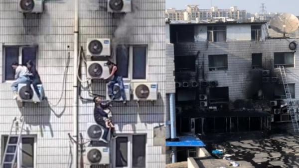 北京丰台区长峰医院突发火灾,人们冒着生命危险从窗口逃生。(图片来源:网路截图)